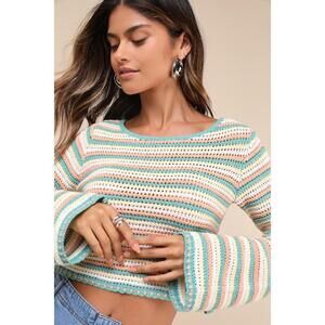 Lulus Cutest Intrigue Teal Multi Striped Crochet Sweater Top Green - Size L